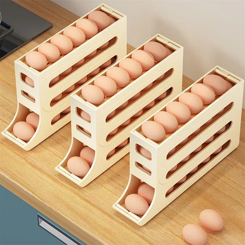 Slide Egg Storage Box Refrigerator Side Door Storage Box Automatic Scrolling Egg Holder Tray 4 Layer Rolling Egg Dispenser Rack thumbnail 2