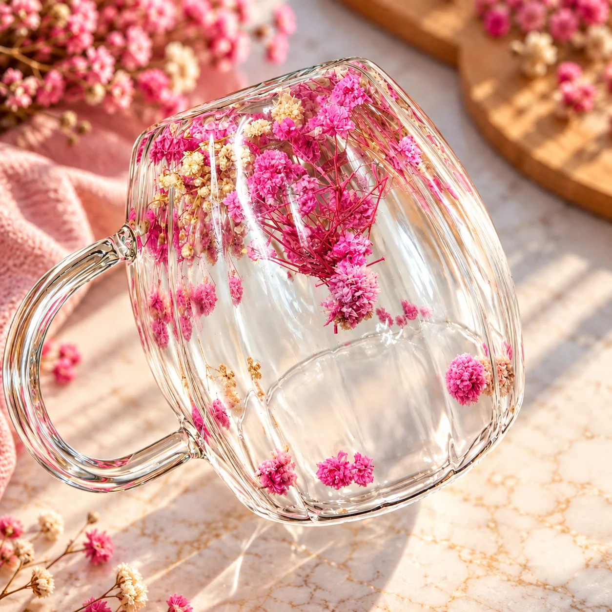 220ml Premium Glass Coffee Mug with Handle – Transparent Floral Design Tea & Coffee Cup thumbnail 2