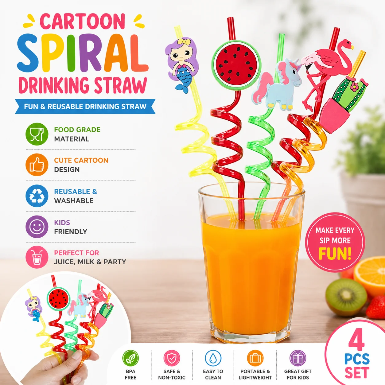 4Pcs Straw for Kids & Party Decoration Colorful Fruit Style Straw/Reusable Straws Smoothie Drinking Straws for Milkshakes thumbnail 3