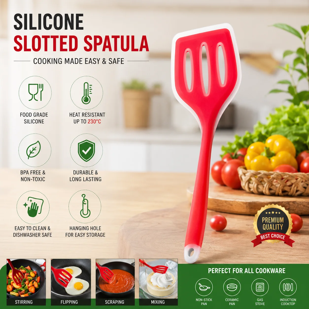 1Pcs Silicone Cooking Spoon 12 Inch, Non-stick Slotted Turner Spatula thumbnail 2