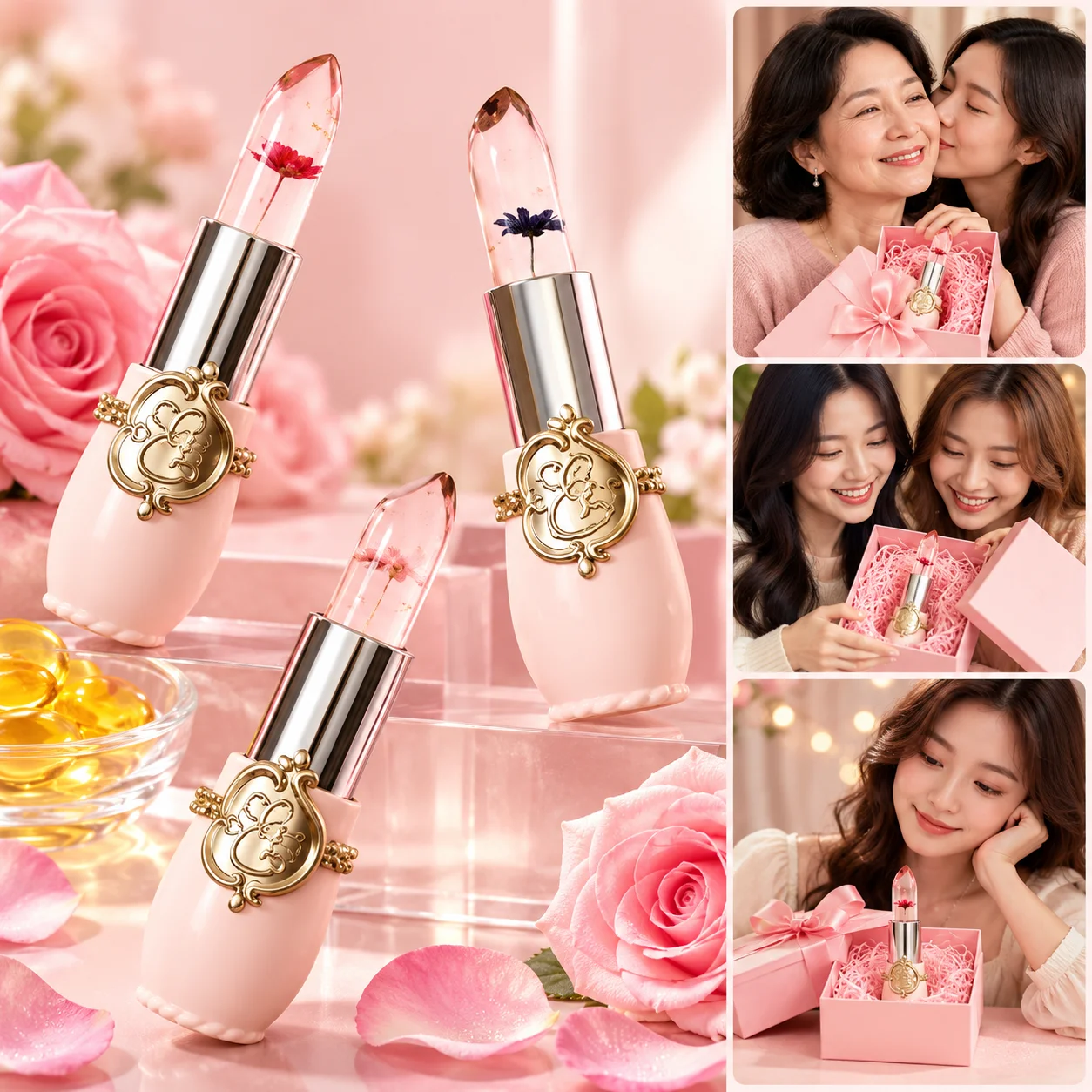 1Pcs Emaymei Transparent Jelly Lipstick, Waterproof Crystal Jelly Lipstick with Flower Inside 2