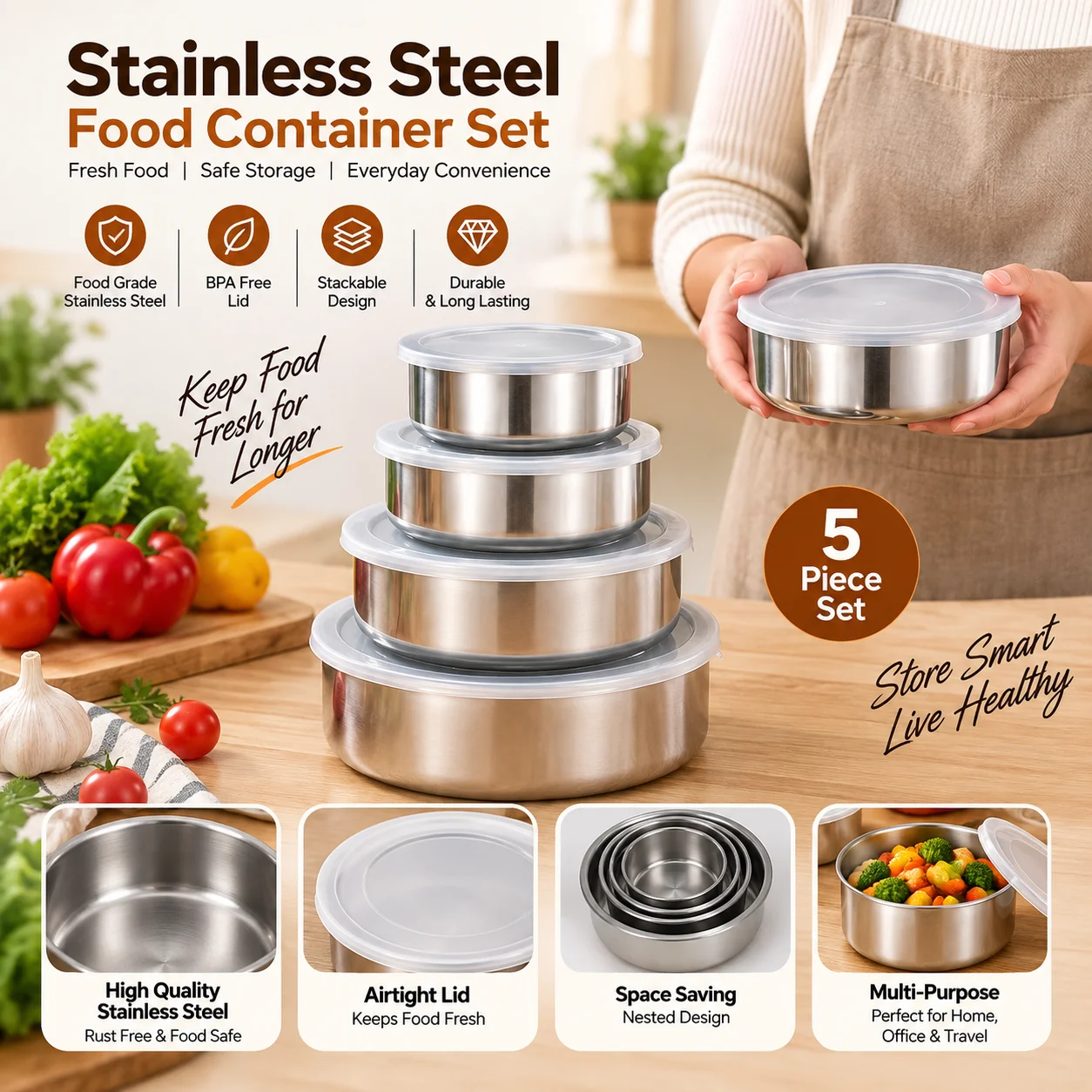 Stainless Steel Food Box 5 Pieces With Food Grade Plastic Cover, Protect Fresh Box thumbnail 1