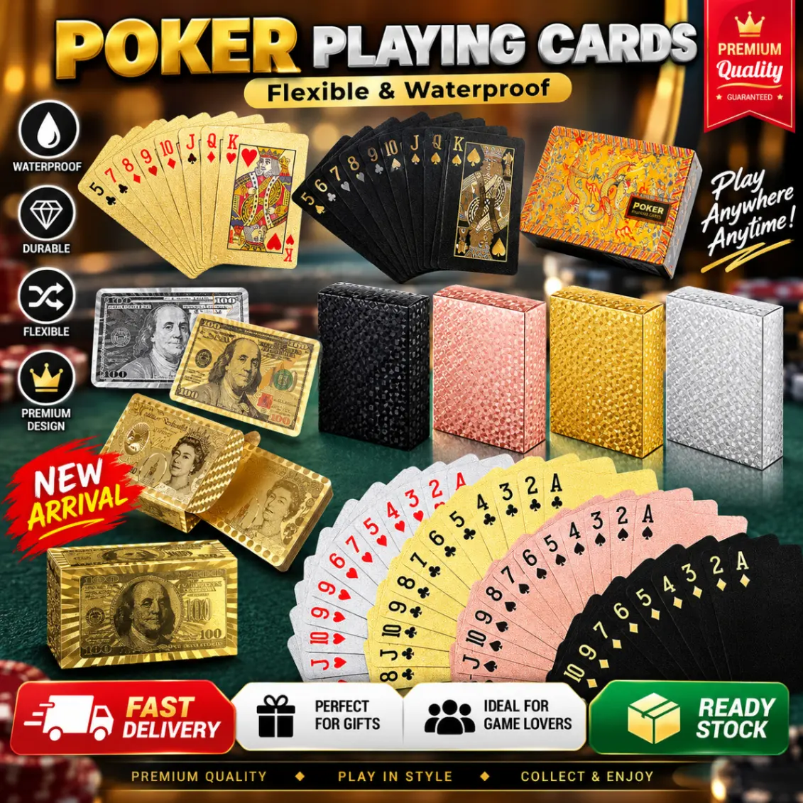 Gold Premium Poker Card Waterproof Plastic Foil Luxury Poker Card Playing Cards Game - Golden Silver Black PET Card Tash Play Card 54 Pcs Colourful thumbnail 1