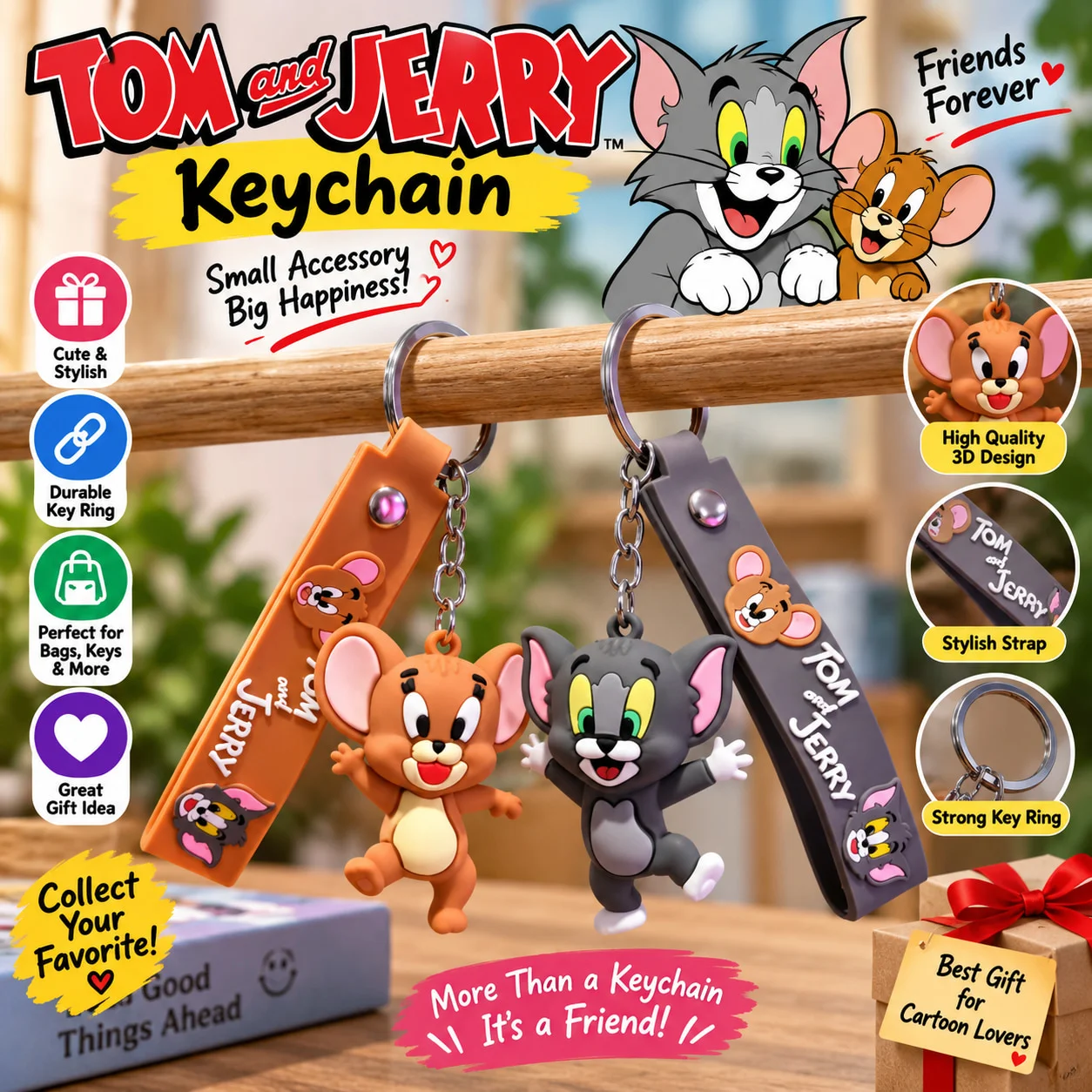 TOM & JERRY Cute Keychain, trendy cartoon keychain accessory, bag pendant keyring for students thumbnail 2