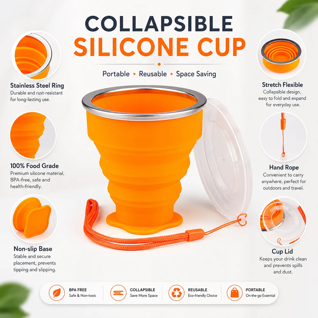 Silicone Folding Cup/Mug, Foldable & Portable & Lightweight Travel Cup for Outdoor Camping Hiking thumbnail 2