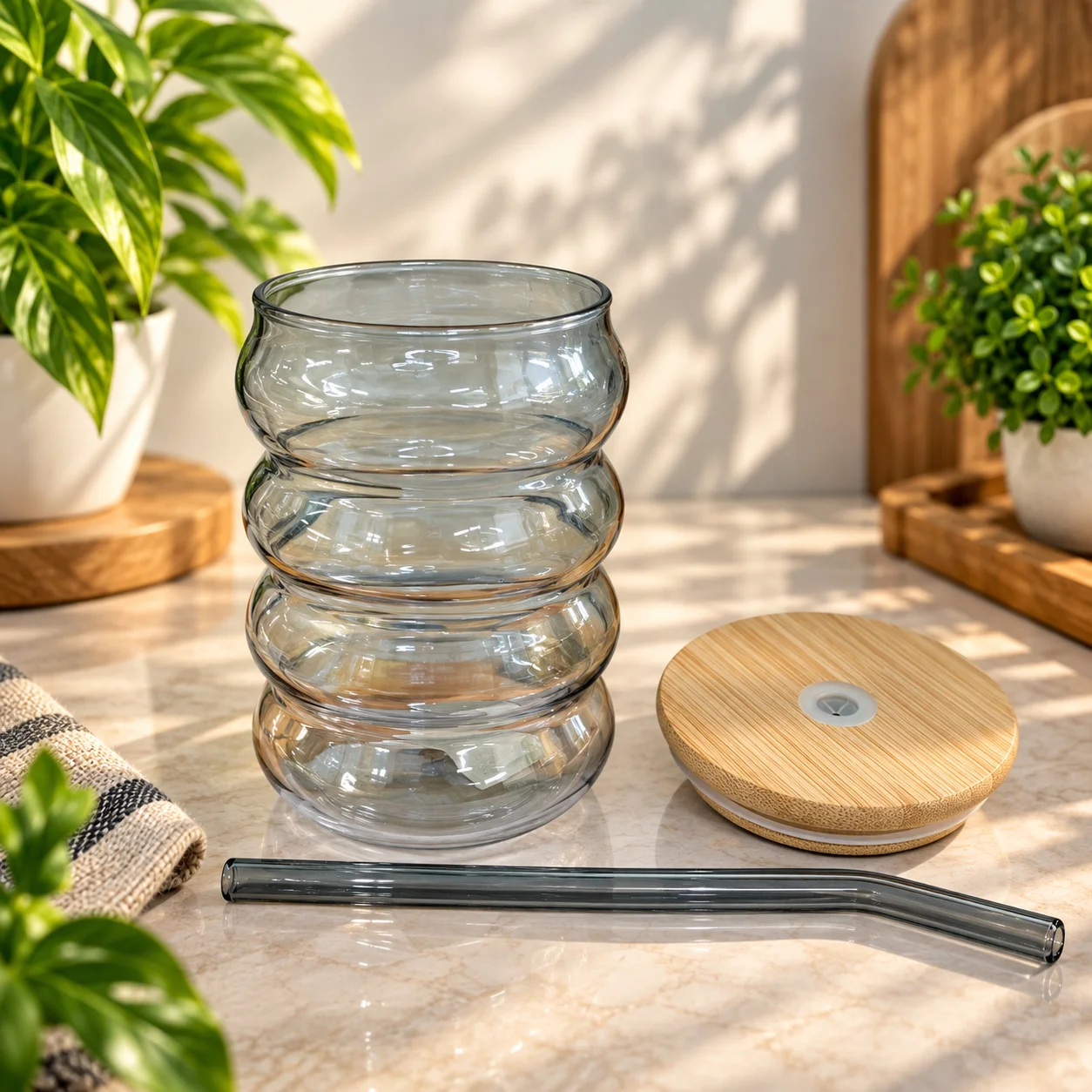 450ml Premium Glass Tumbler with Bamboo Lid & Reusable Glass Straw – Stylish Beverage Cup thumbnail 2