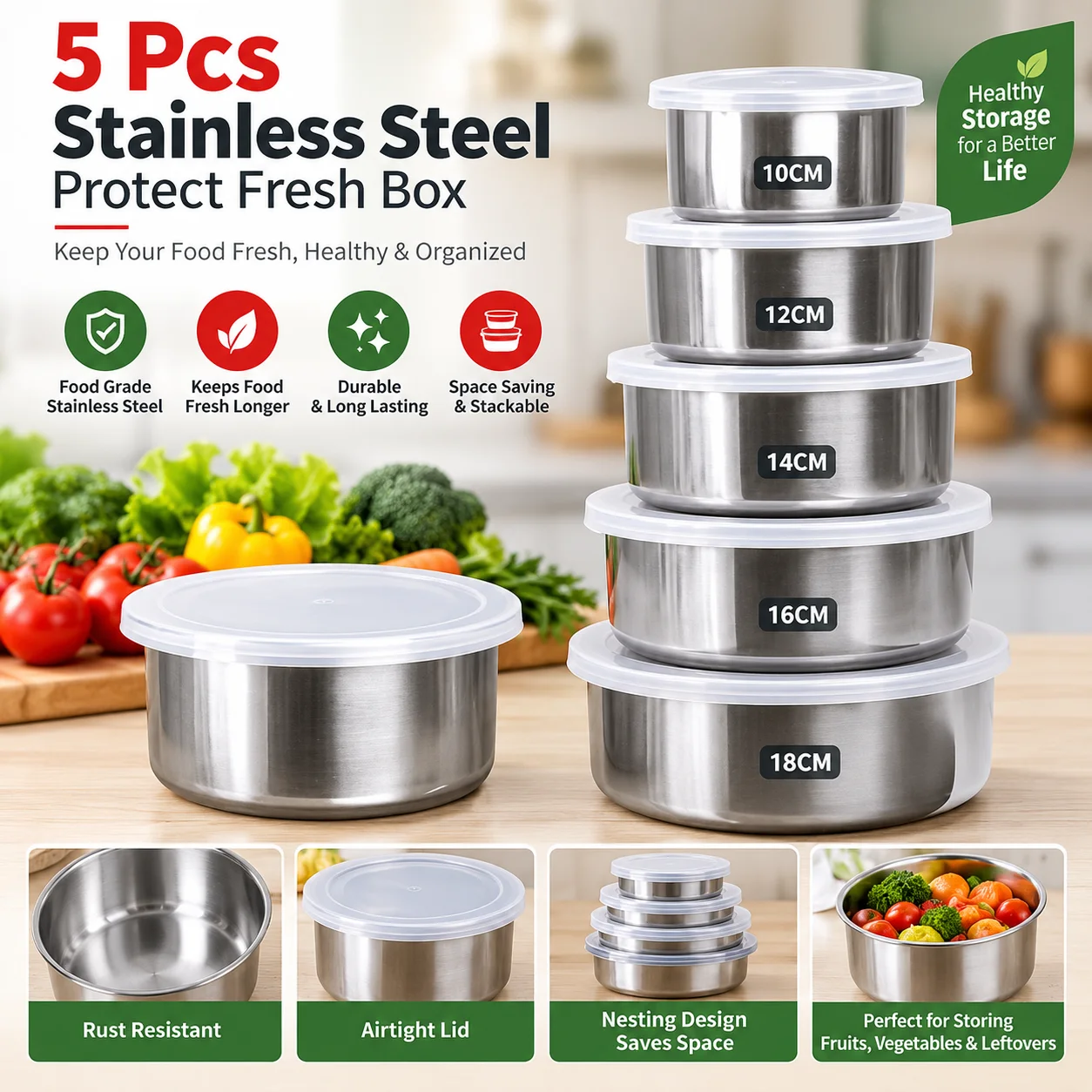 Stainless Steel Food Box 5 Pieces With Food Grade Plastic Cover, Protect Fresh Box thumbnail 3