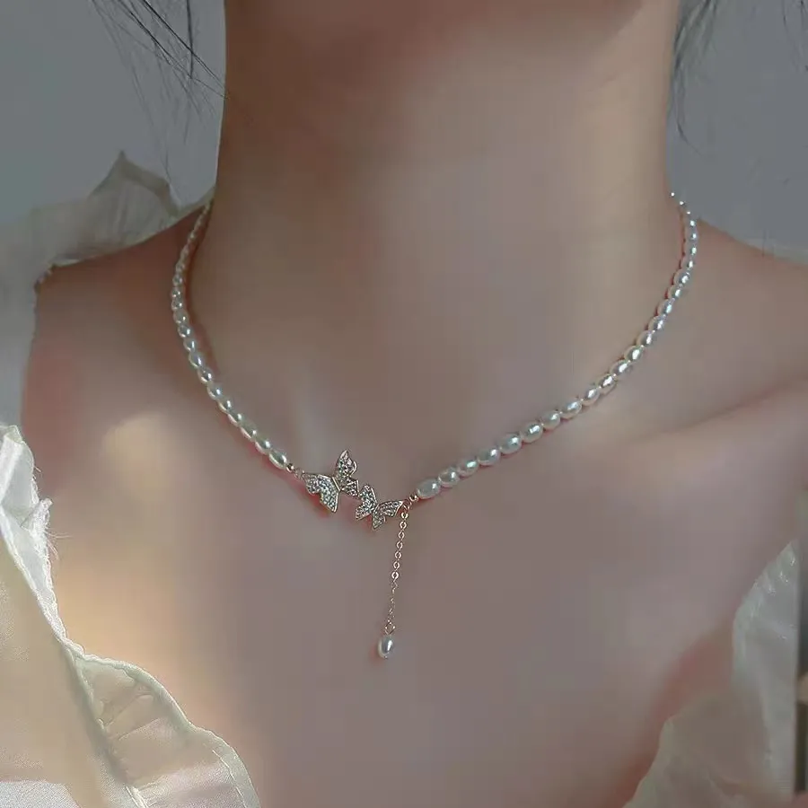 Fashionable Trendy Butterfly Pendant Pearl Choker Necklaces for Girls Simple Stylish - Pearl Adjustable Women Necklace Jewelry Accessories Gift for Women Simple New Collection - Necklace For Girls thumbnail 6