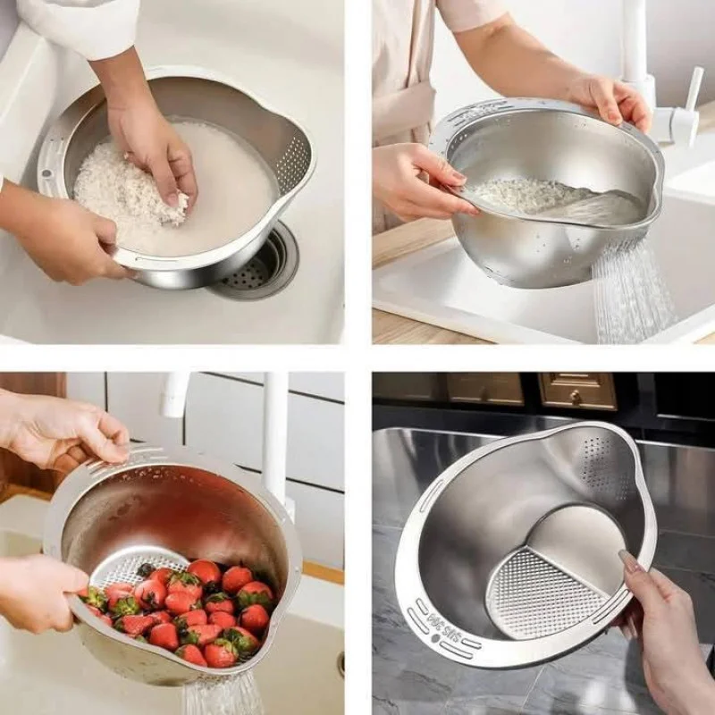 Rice Washer Strainer Bowl Stainless Steel Rice Washing Bowl Rice Sieve Colander Fruit And Vegetable Strainer thumbnail 3