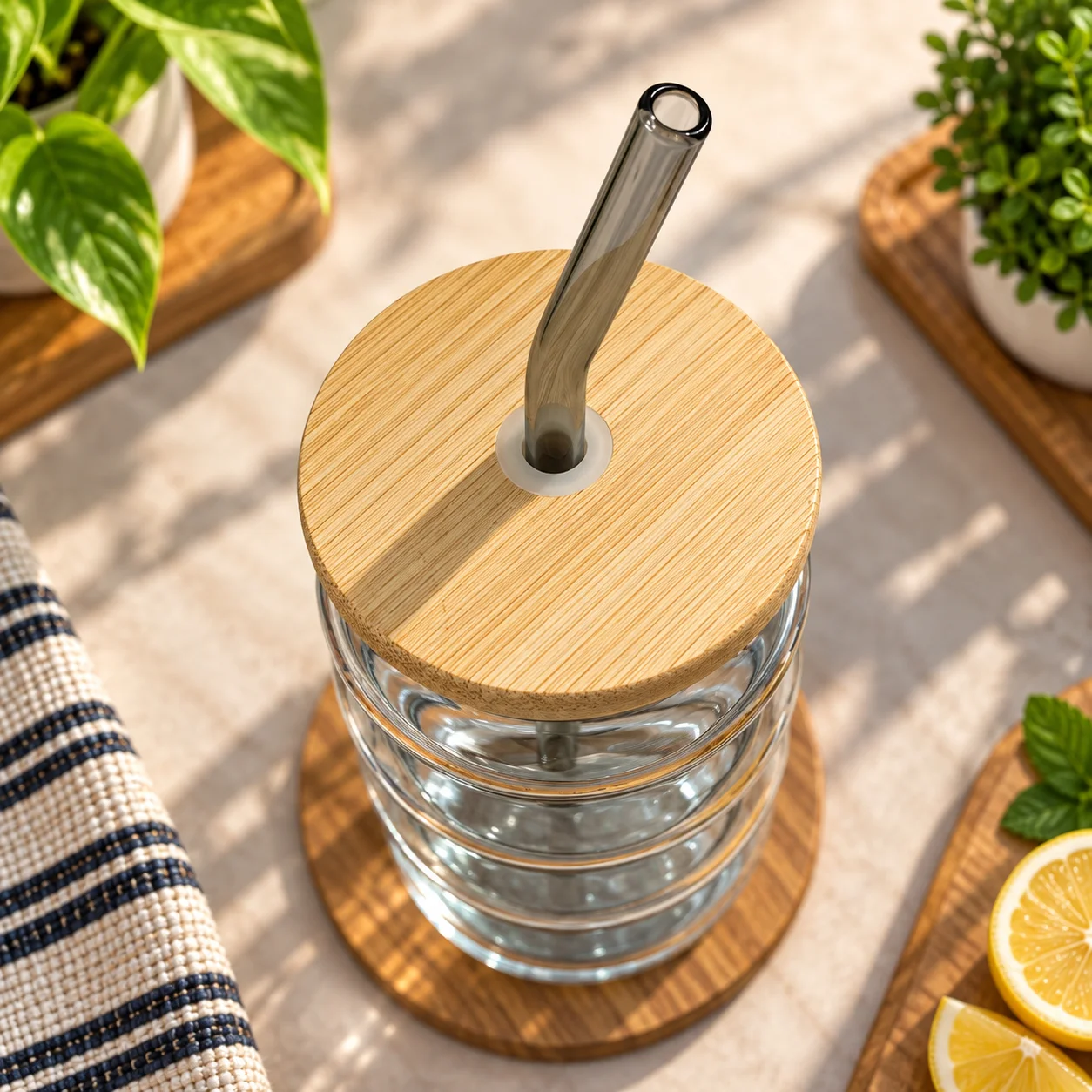 450ml Premium Glass Tumbler with Bamboo Lid & Reusable Glass Straw – Stylish Beverage Cup thumbnail 3