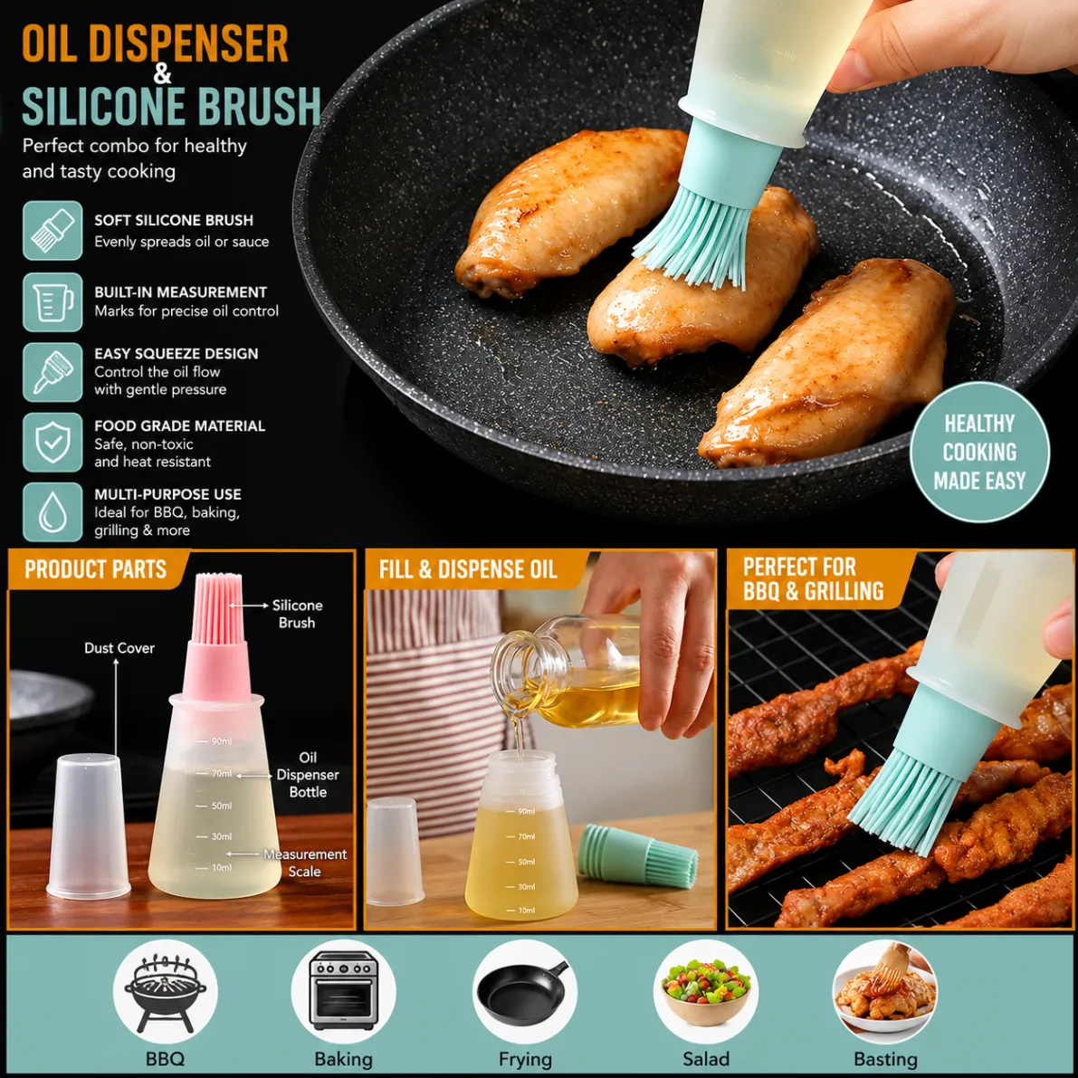 Silicone Oil Dispenser Bottle Brush Pastry Basting Brush Oil Honey Wine Sauce Grill Brush for Barbecue thumbnail 3