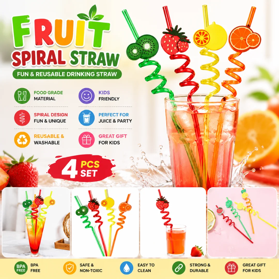 4Pcs Straw for Kids & Party Decoration Colorful Fruit Style Straw/Reusable Straws Smoothie Drinking Straws for Milkshakes thumbnail 2