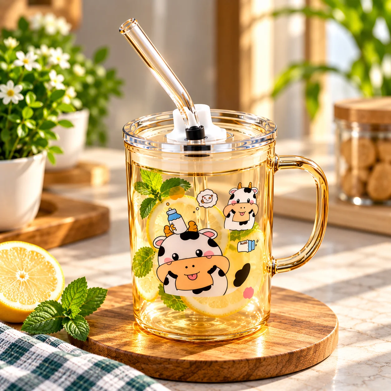 400ml Premium Glass Milk Mug with Lid & Glass Straw – Cow Print Cartoon Design Drinking Cup thumbnail 4
