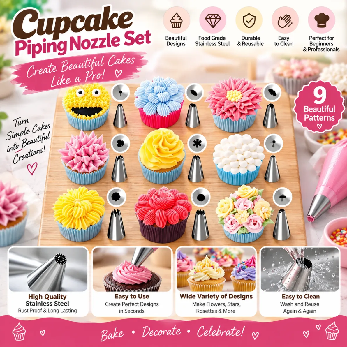 12 Pis Cake Decorating Set Frosting Icing Piping Bag Tips With Steel Nozzles Stainless Steel 12 Pieces Cake Decorating Tools Cake Decoration Tools thumbnail 4