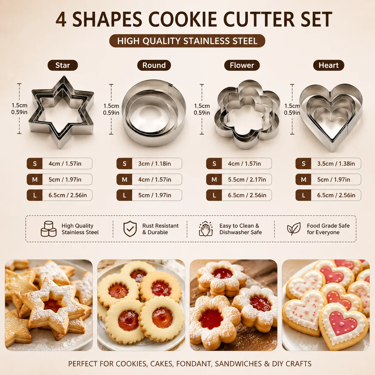12pcs/Set Stainless Steel Cookie Cutter ( 4 Shapes) Round Heart Star Shape Biscuit Cutters for Kitchen Baking thumbnail 2