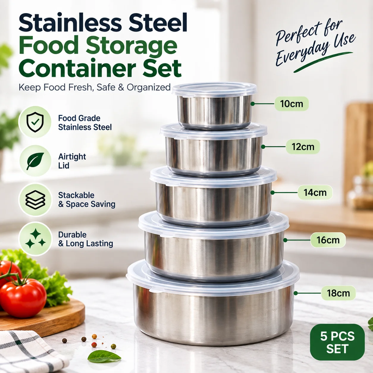 Stainless Steel Food Box 5 Pieces With Food Grade Plastic Cover, Protect Fresh Box thumbnail 4