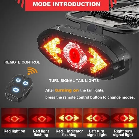 Smart Bike Turn Signal Light, USB Rechargeable LED Tail Light with Wireless Remote Control, Built-in Speaker, 5 Modes, Brake Detection for Night Cycling Safety thumbnail 2