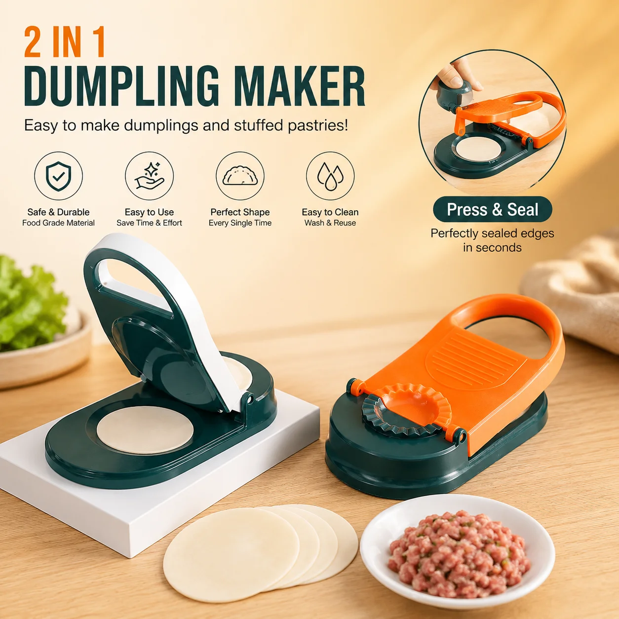 Dumpling and Pitha Maker Dough Pressing Mold - Orange and Blue thumbnail 2
