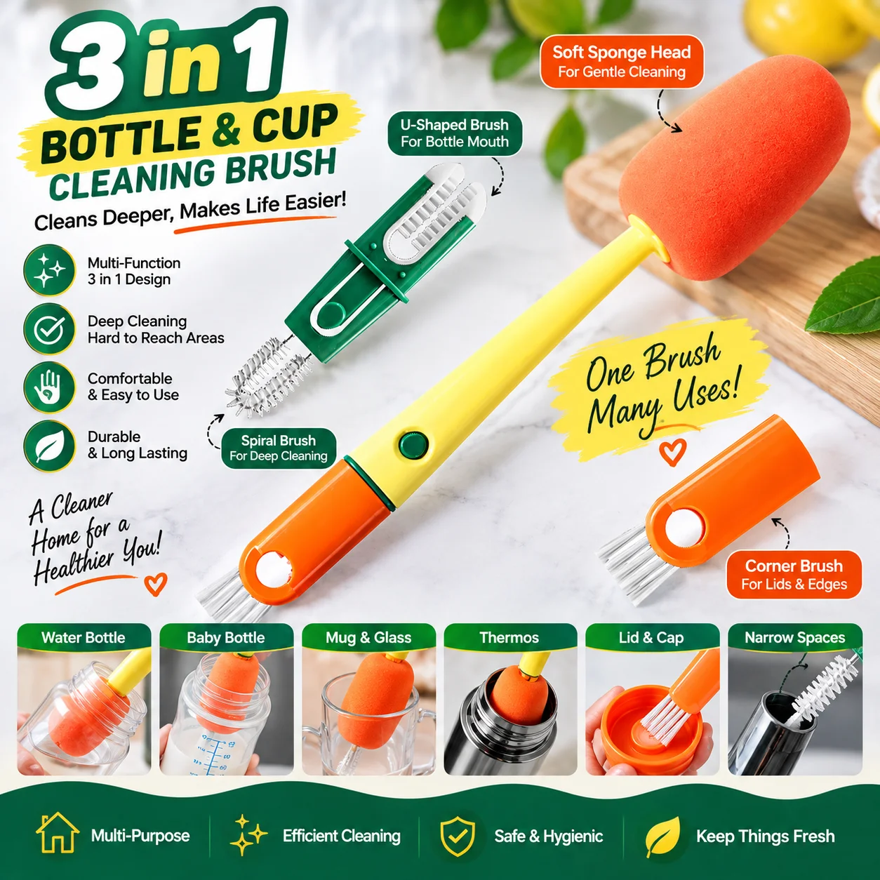 3 in 1 Multi Bottle Cleaning Sponge Brush thumbnail 3