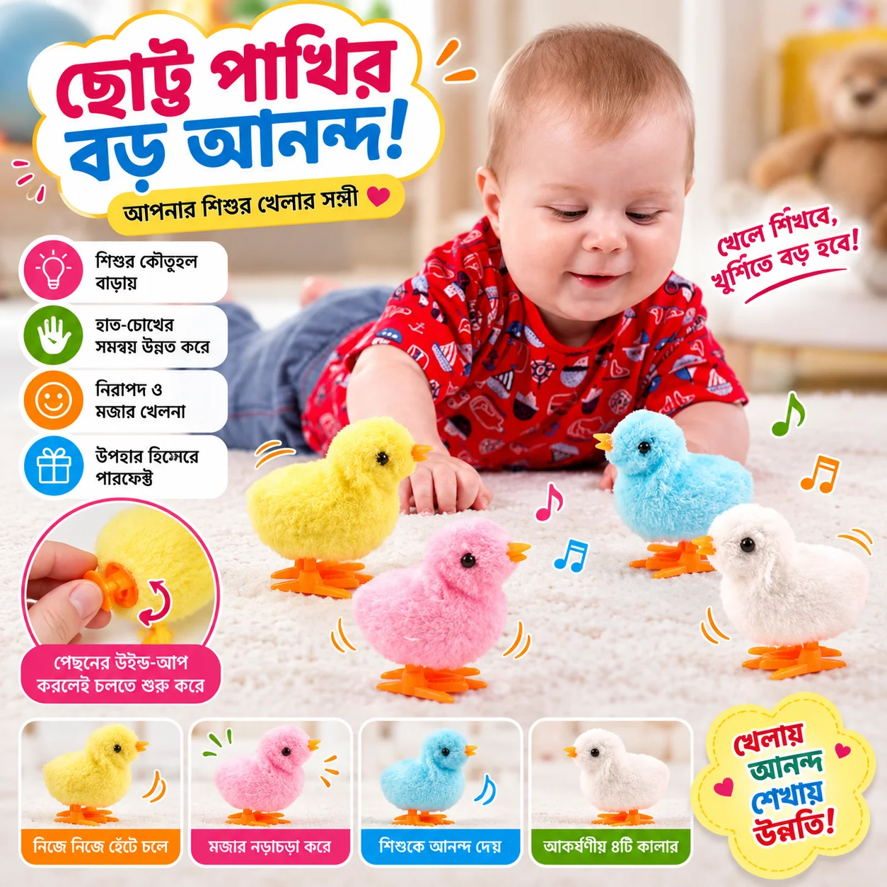 1pcs Baby Chicken Toy, Baby Chicken Wind-up Toy - Chicken Toys For Kids | Easter Wind Up Chick Toys, Wind-Up Jumping Cute Chicken, Plush Chicks Toys For Toddlers Party Favors thumbnail 1