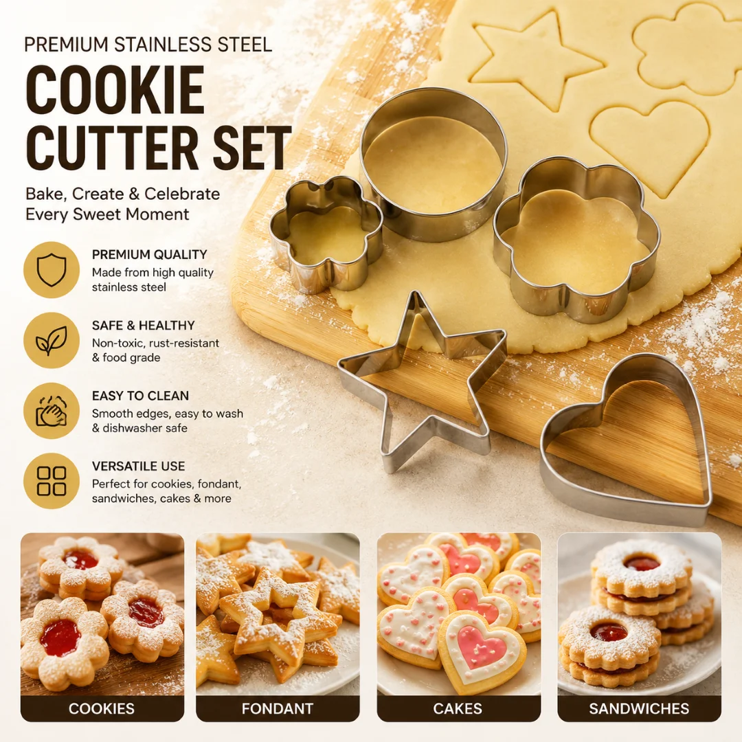 12pcs/Set Stainless Steel Cookie Cutter ( 4 Shapes) Round Heart Star Shape Biscuit Cutters for Kitchen Baking thumbnail 1