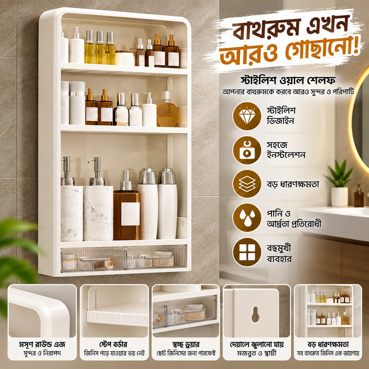 4 Layer Kitchen, Bathroom, Wall Mounted Shelf Multifunctional Toiletries Storage Rack. Kitchen Seasoning Bottle Storage Rack. Cosmetics Organizer 2