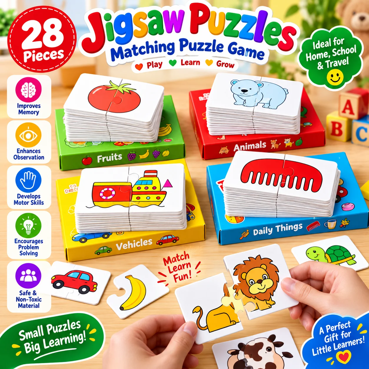 28Pcs Toddler Matching Card Early Montessori Education Puzzle Toys Cartoon Jigsaw Animal Color Shape Cognitive Training Gifts thumbnail 2