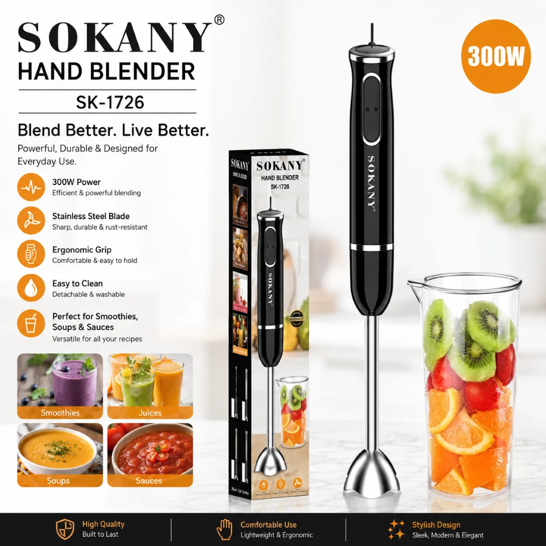 Sokany SK-1726 Stainless Steel Electric Hand Blender With Cup 300 watts 1