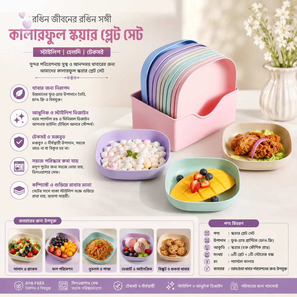 Square Plastic Dinner Plate Set (Set of 10 Pcs) Colorful Snacks / Breakfast Plate with Stand thumbnail 1
