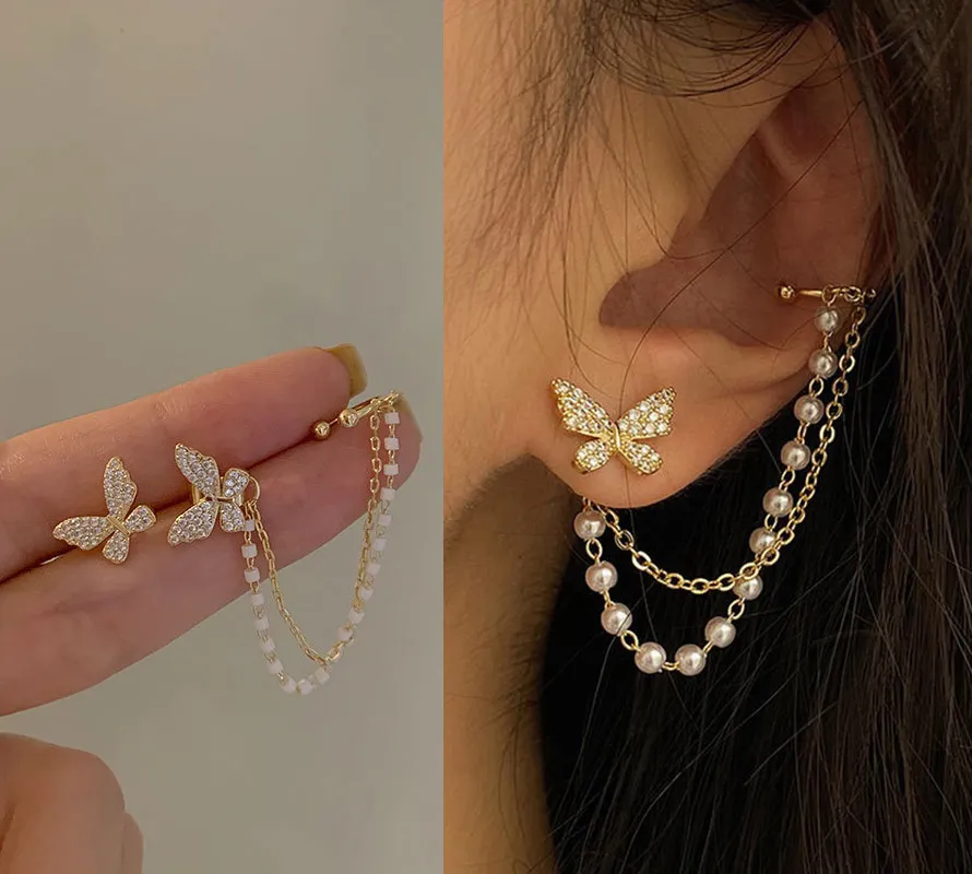 Trendy Korean Elegant Cute Fashionable Rhinestone Butterfly Stud Earrings for Girls Simple Stylish - Pearl Stud Earring for Women Simple New Collection thumbnail 1