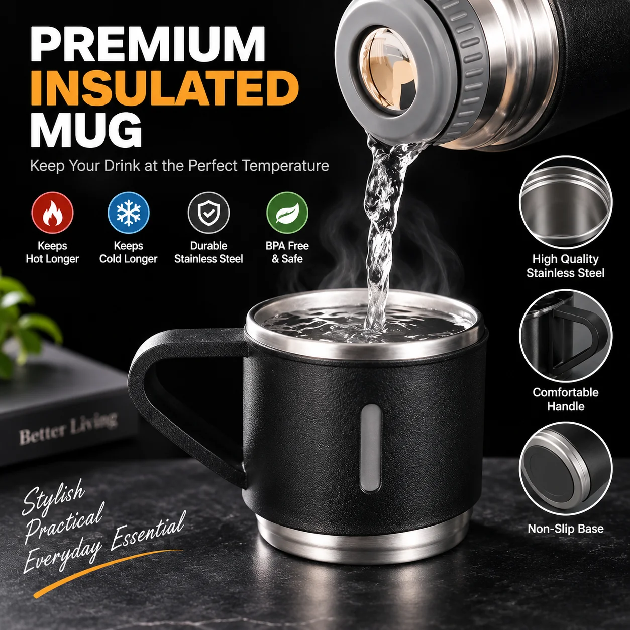 Vacuum Flask Gift Set -Vacuum Flask Set with 3 Cups/ Stainless Steel Vacuum Flask Set/ Coffee Mug/ Tea Mug/ Travel Mug thumbnail 2
