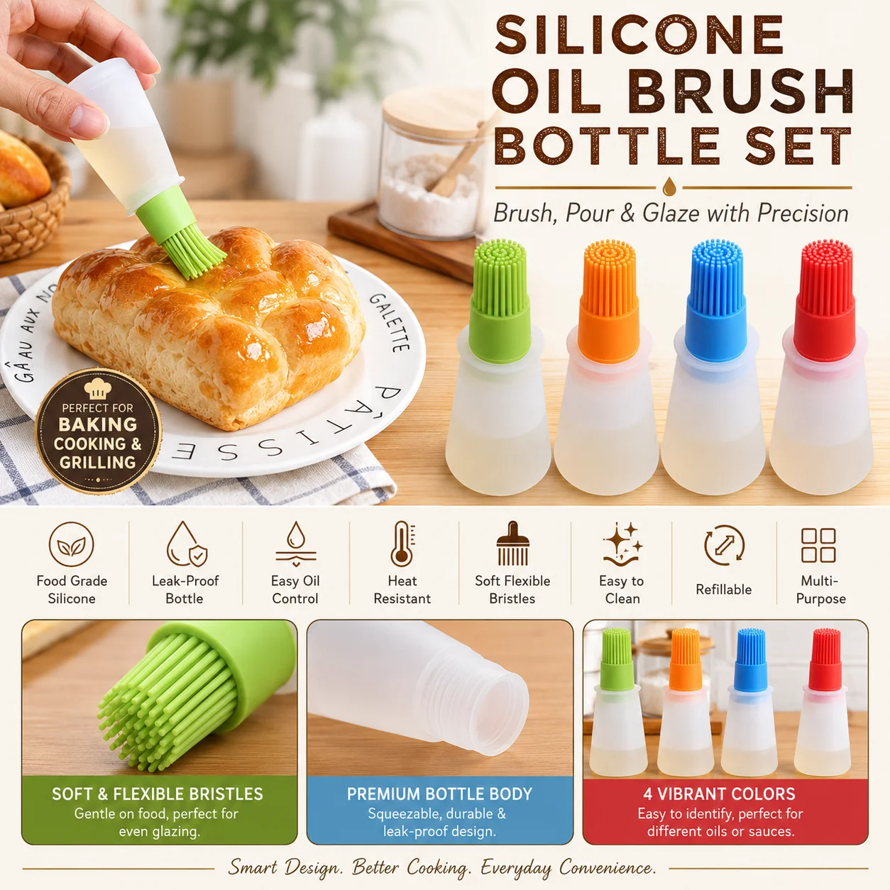 Silicone Oil Dispenser Bottle Brush Pastry Basting Brush Oil Honey Wine Sauce Grill Brush for Barbecue thumbnail 2