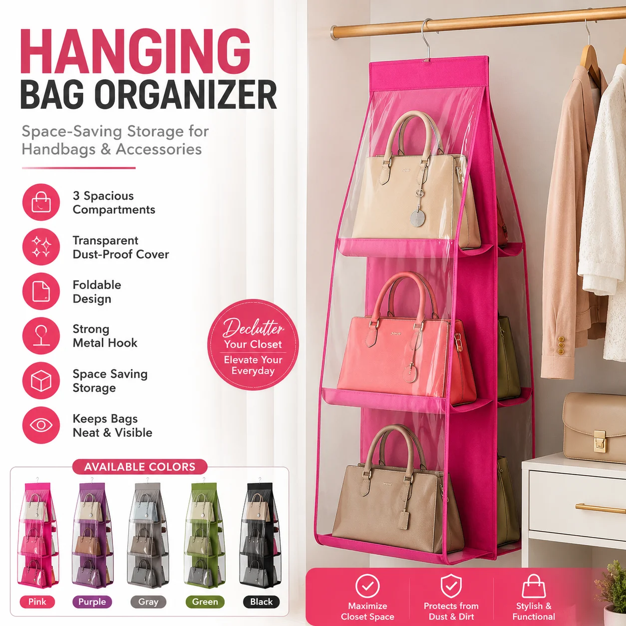 6 Pocket Hanging Organizer, Dust-Proof Storage Bag Holder, Hanging Handbag Organizer thumbnail 2
