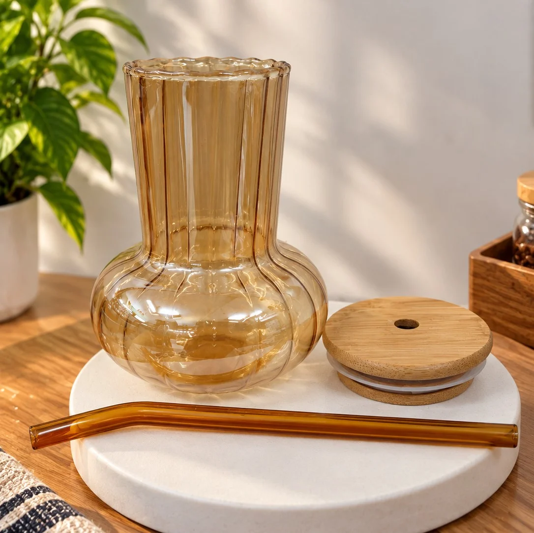 450ml Premium Glass Cup with Wooden Lid & Reusable Glass Straw – Stylish Beverage Tumbler thumbnail 2