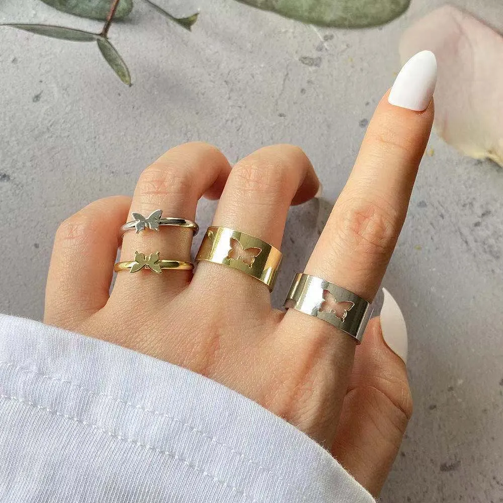 2Pcs/Set Butterfly Opening Alloy Wide Thin Hollow Couple Rings Finger Rings for Anniversary 4