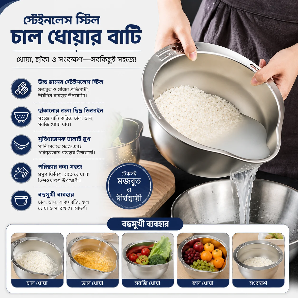 Rice Washer Strainer Bowl Stainless Steel Rice Washing Bowl Rice Sieve Colander Fruit And Vegetable Strainer thumbnail 1