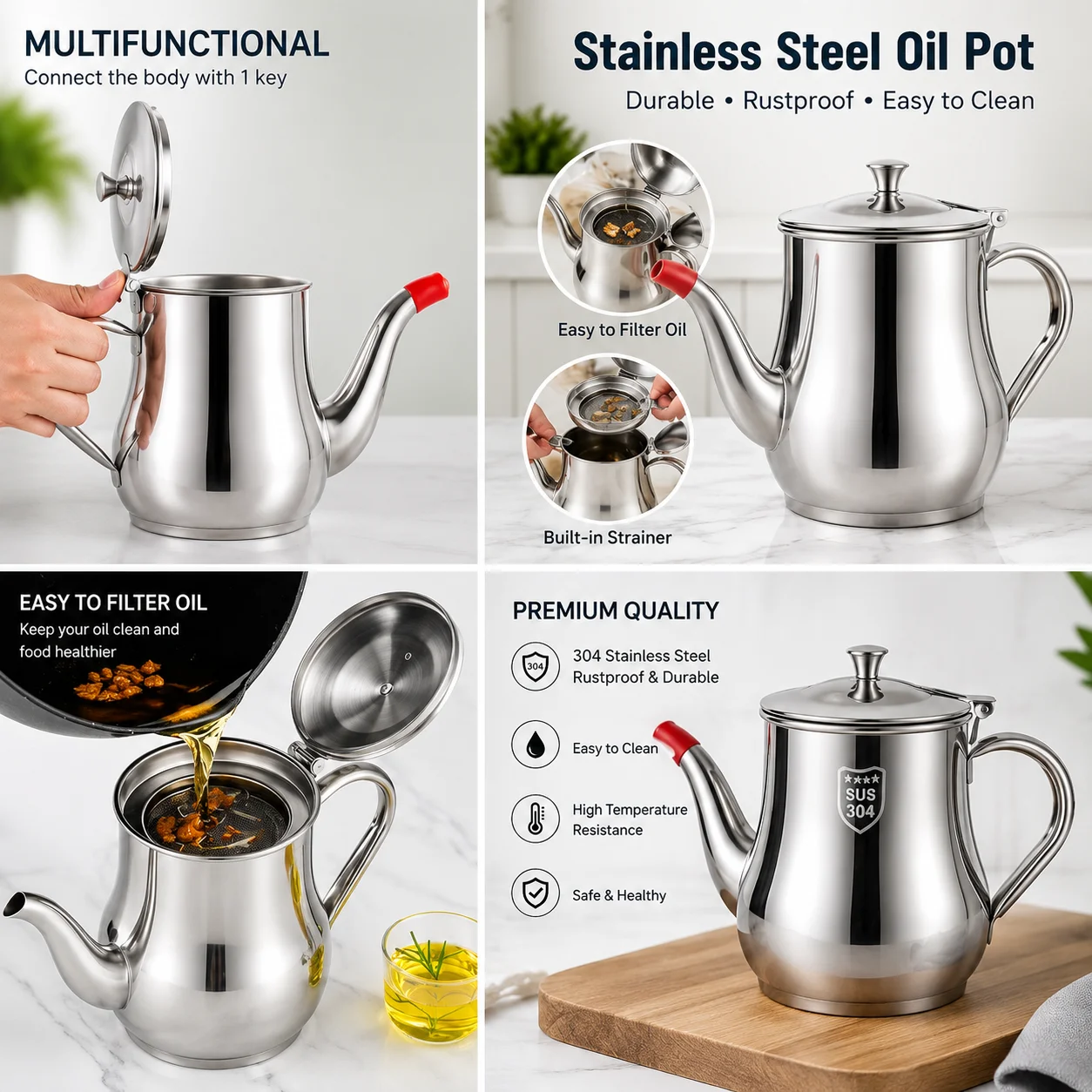 Stainless Steel Oil Strainer Pot Container Jug Storage with filter Cooking Oil Pot thumbnail 4