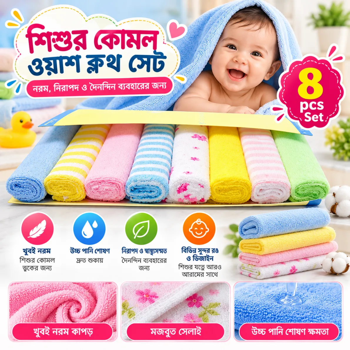 Newborn Baby Towel Set (8 Pcs) – Soft Cotton Baby Washcloth & Hand Towel Set thumbnail 2