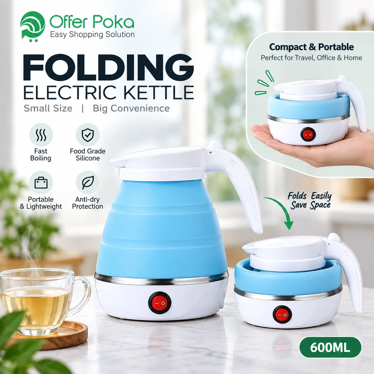 Silicone Foldable Electric Kettle, Portable Mini Electric Kettle for Travel, Electric Water Kettle thumbnail 2