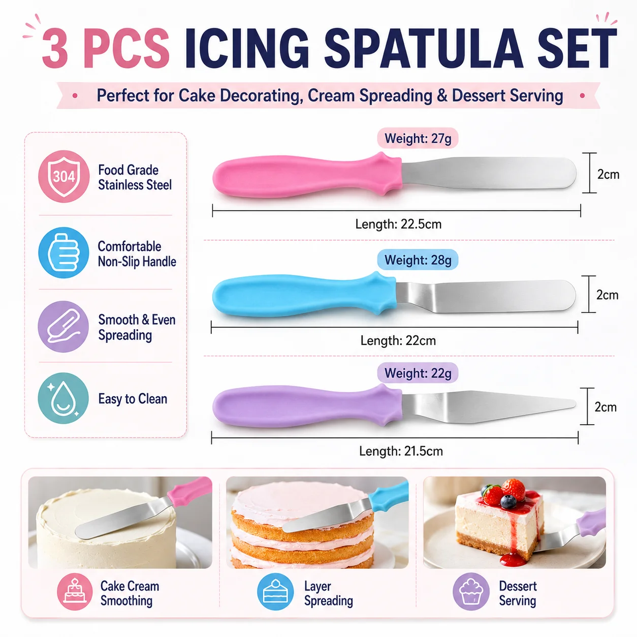 3pcs Stainless steel cream spatula, Butter Cake Cream Smoother Spatula Fondant Pastry Tool, Baking Pastry Cake Decorating Tools thumbnail 4