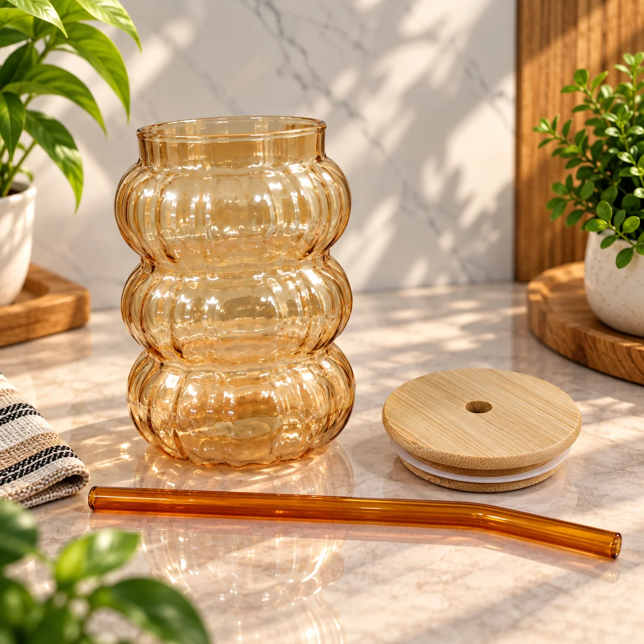 450ml Premium Glass Tumbler with Bamboo Lid & Reusable Glass Straw – Stylish Beverage Cup thumbnail 2