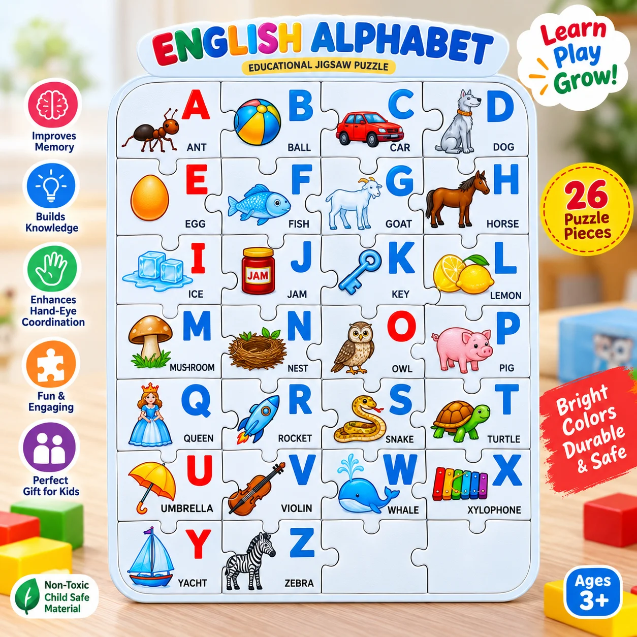 24 Pieces Jigsaw Puzzle English Alphabet ABCD 8x10.8 inch thumbnail 2