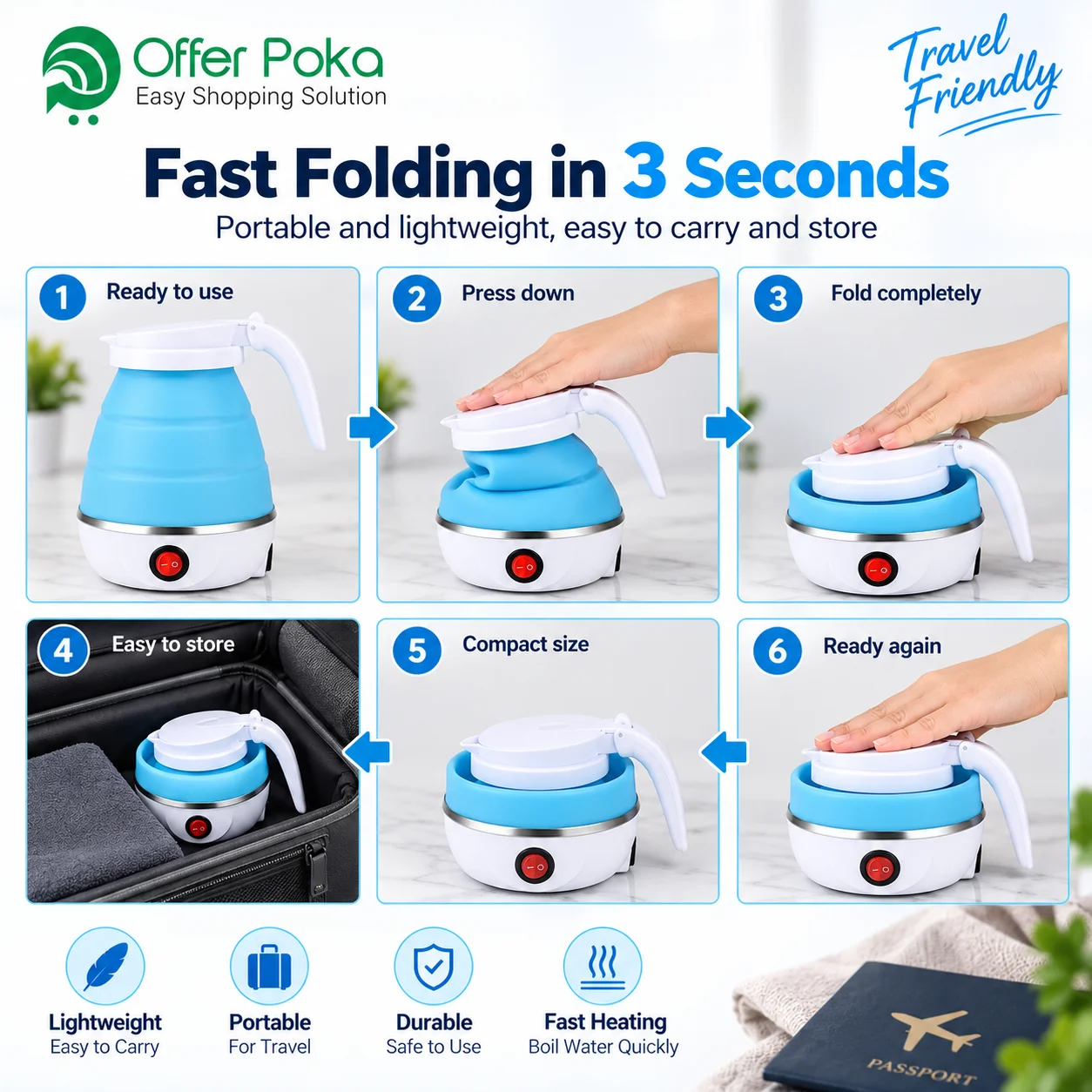 Silicone Foldable Electric Kettle, Portable Mini Electric Kettle for Travel, Electric Water Kettle thumbnail 4