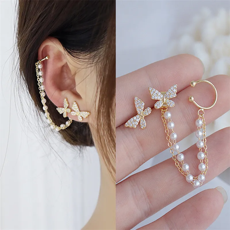 Trendy Korean Elegant Cute Fashionable Rhinestone Butterfly Stud Earrings for Girls Simple Stylish - Pearl Stud Earring for Women Simple New Collection thumbnail 2