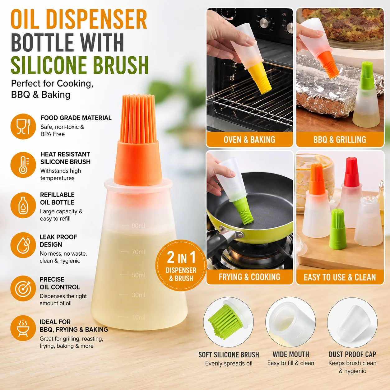 Silicone Oil Dispenser Bottle Brush Pastry Basting Brush Oil Honey Wine Sauce Grill Brush for Barbecue thumbnail 4