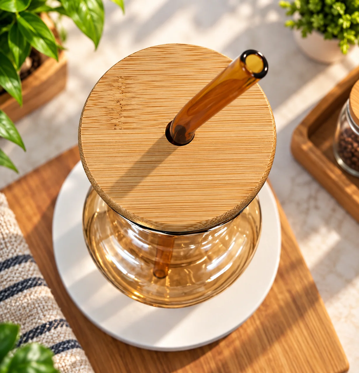 450ml Premium Glass Cup with Wooden Lid & Reusable Glass Straw – Stylish Beverage Tumbler thumbnail 3