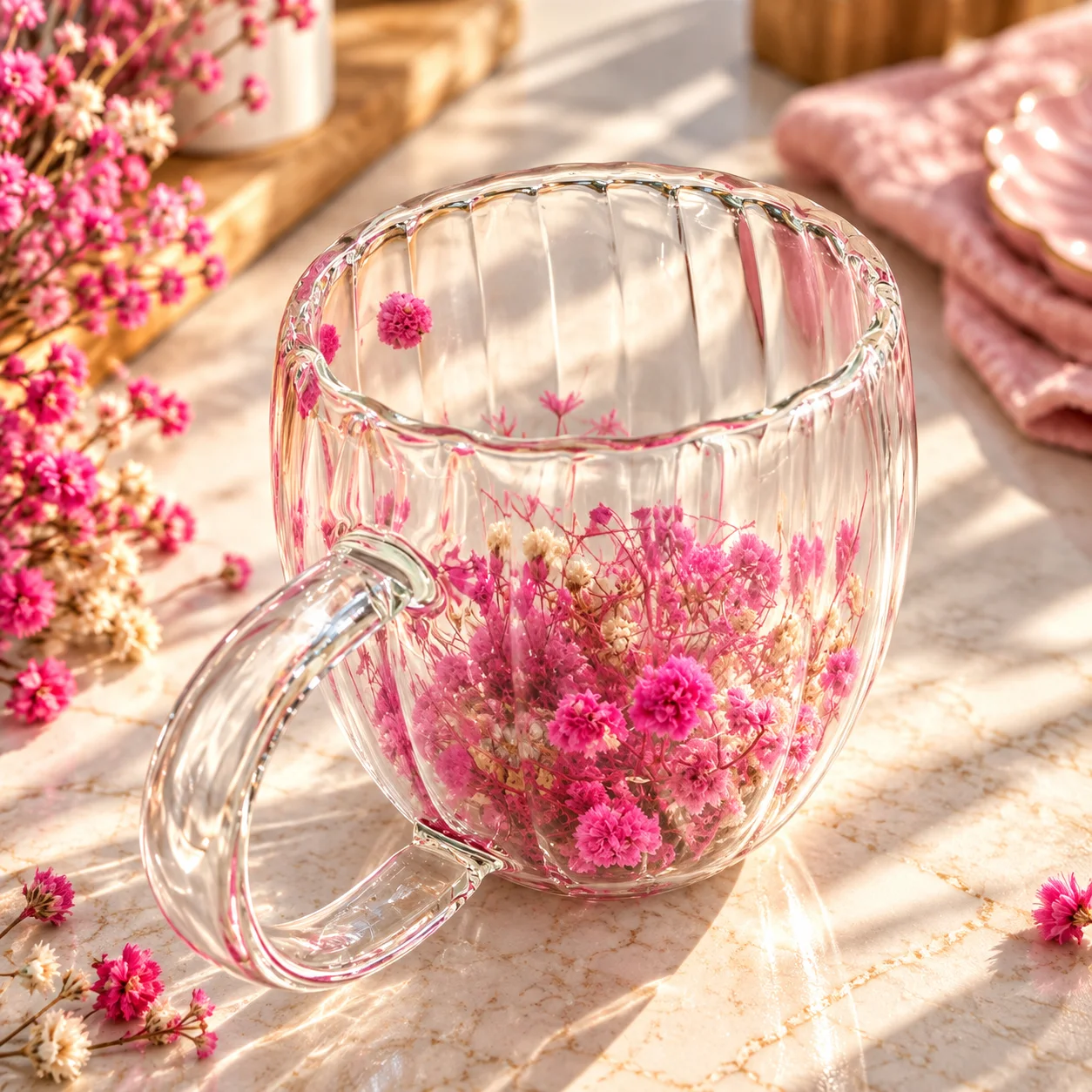 220ml Premium Glass Coffee Mug with Handle – Transparent Floral Design Tea & Coffee Cup thumbnail 3