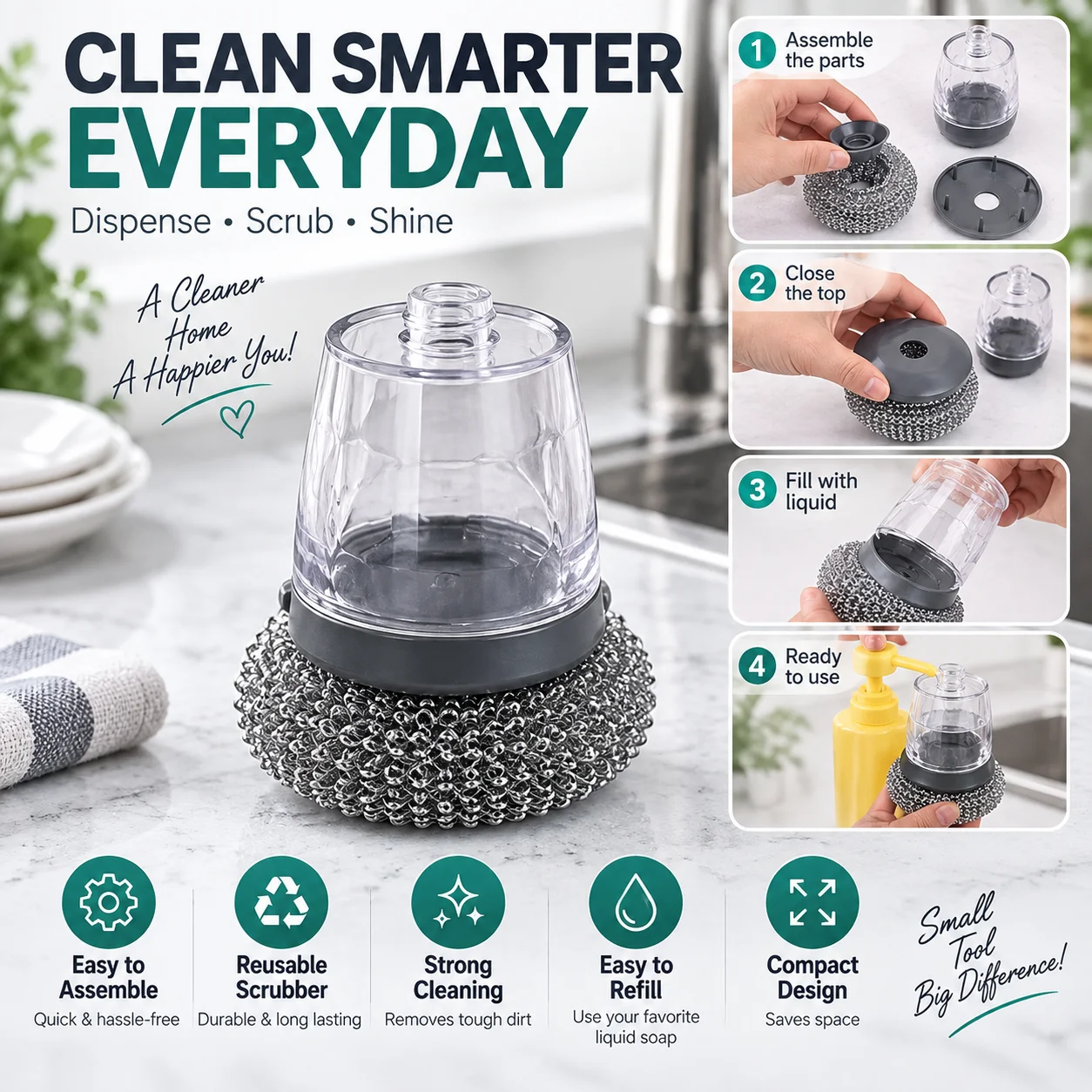 2 in 1 Soap Dispensing Palm Dish Cleaning Brush thumbnail 3