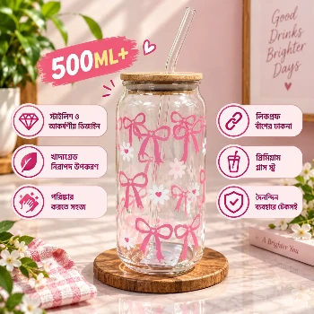 500ml Premium Glass Tumbler with Bamboo Lid & Reusable Glass Straw – Pink Bow & Flower Design