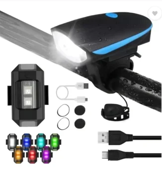 Bike Light Combo Front Light 140 dB Horn Multicolor Rear Light Rechargeable Water Resistant Silicone Mounts 2 pack Combo